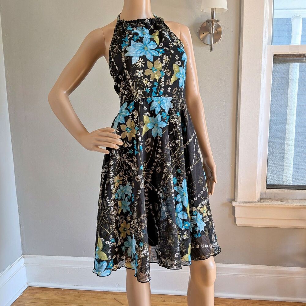 VINTAGE Y2K Floral Halter Mini Dress Vol 1 Mod Print Fairycore Cottage Size 3